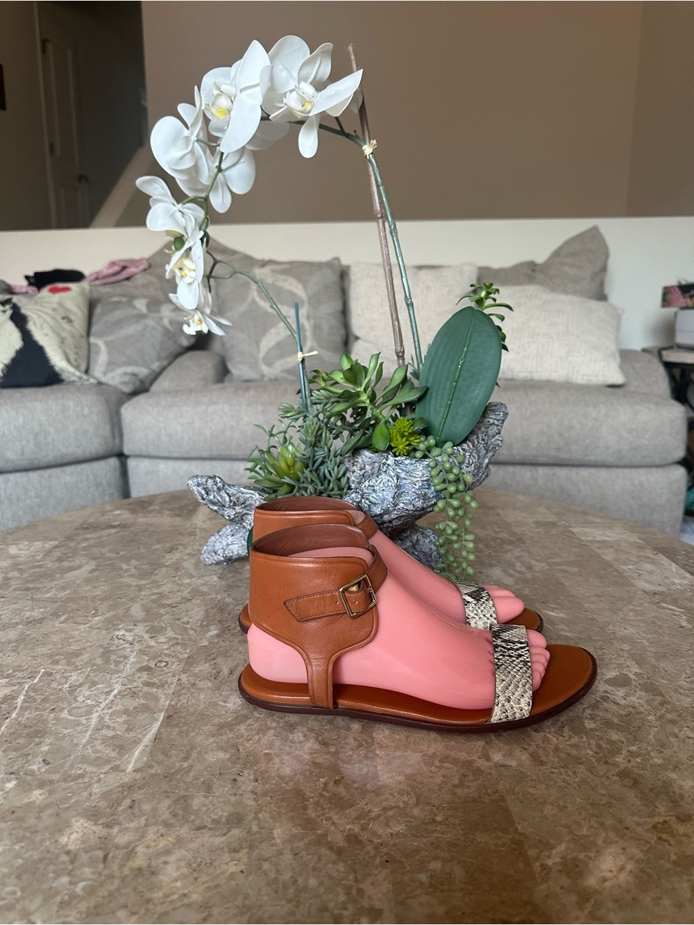 Cole Haan Pink and Brown Ankle-Strap Sandals with Snakeskin Toe